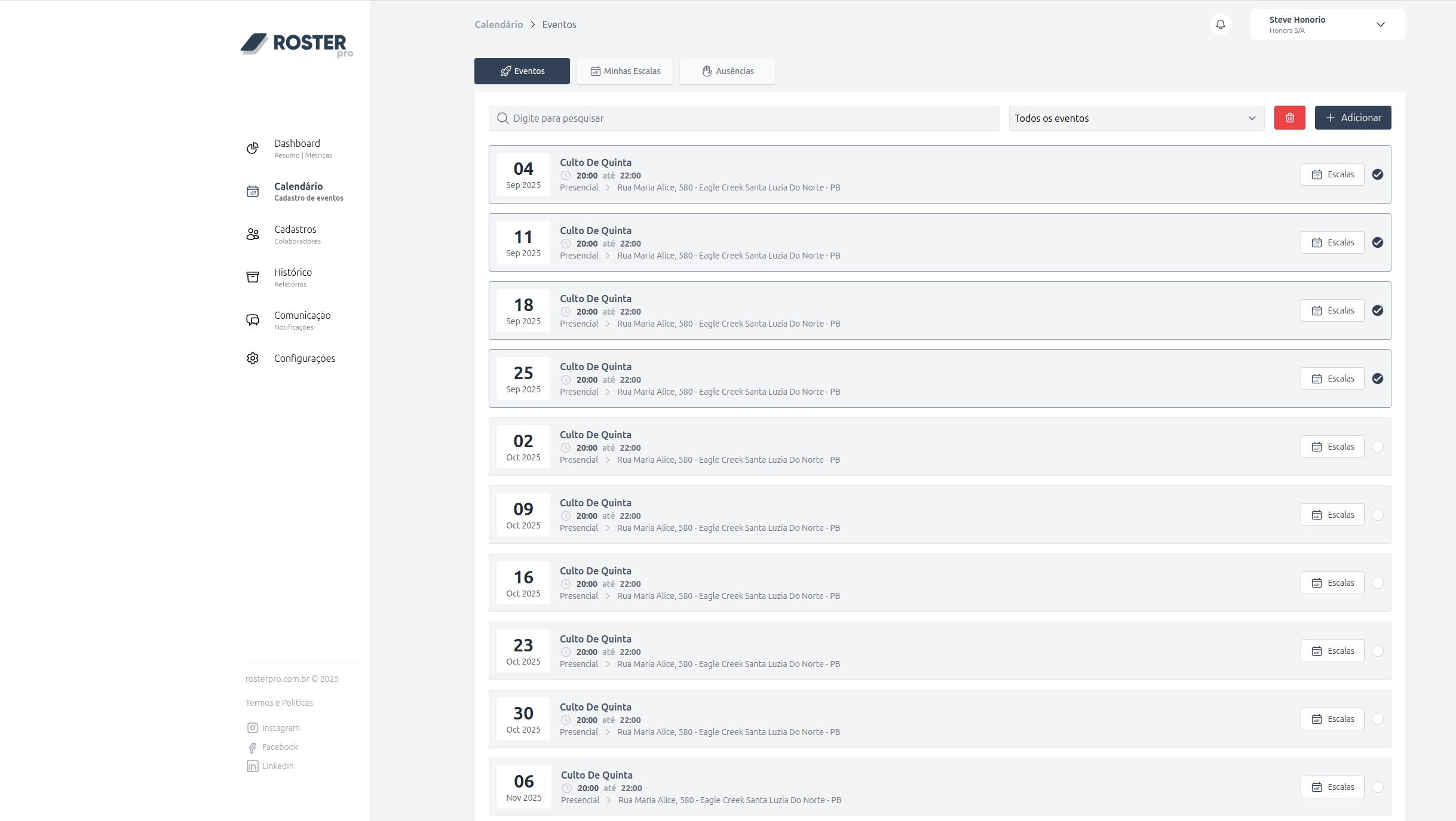 Dashboard do App